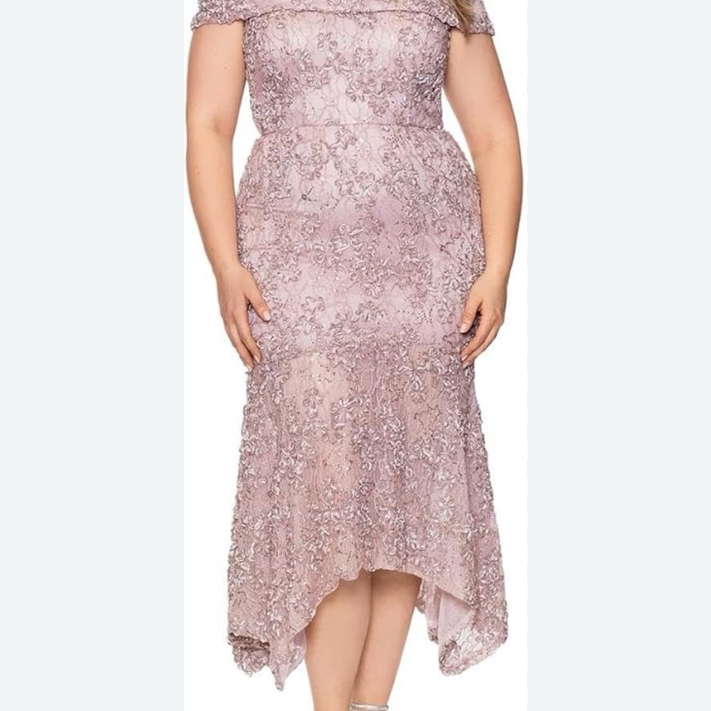 Xscape Pink Asymmetrical High-Low Gown Off-Shoulder